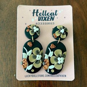 Handmade Black Mocha Floral Oriental Polymer Clay Stud Drop Oval Art Earrings